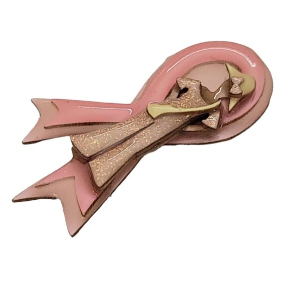 Lucinda Breast Cancer Awareness Pink Ribbon Glitter Woman Lady In Hat Brooch L34 - Picture 3 of 7
